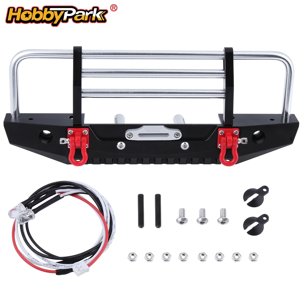 HobbyPark Metal Front Bumper w/ D-Ring Tow Shackles & LED Lights for TRX-4 SCX10 90046 D90 1/10 RC Crawler