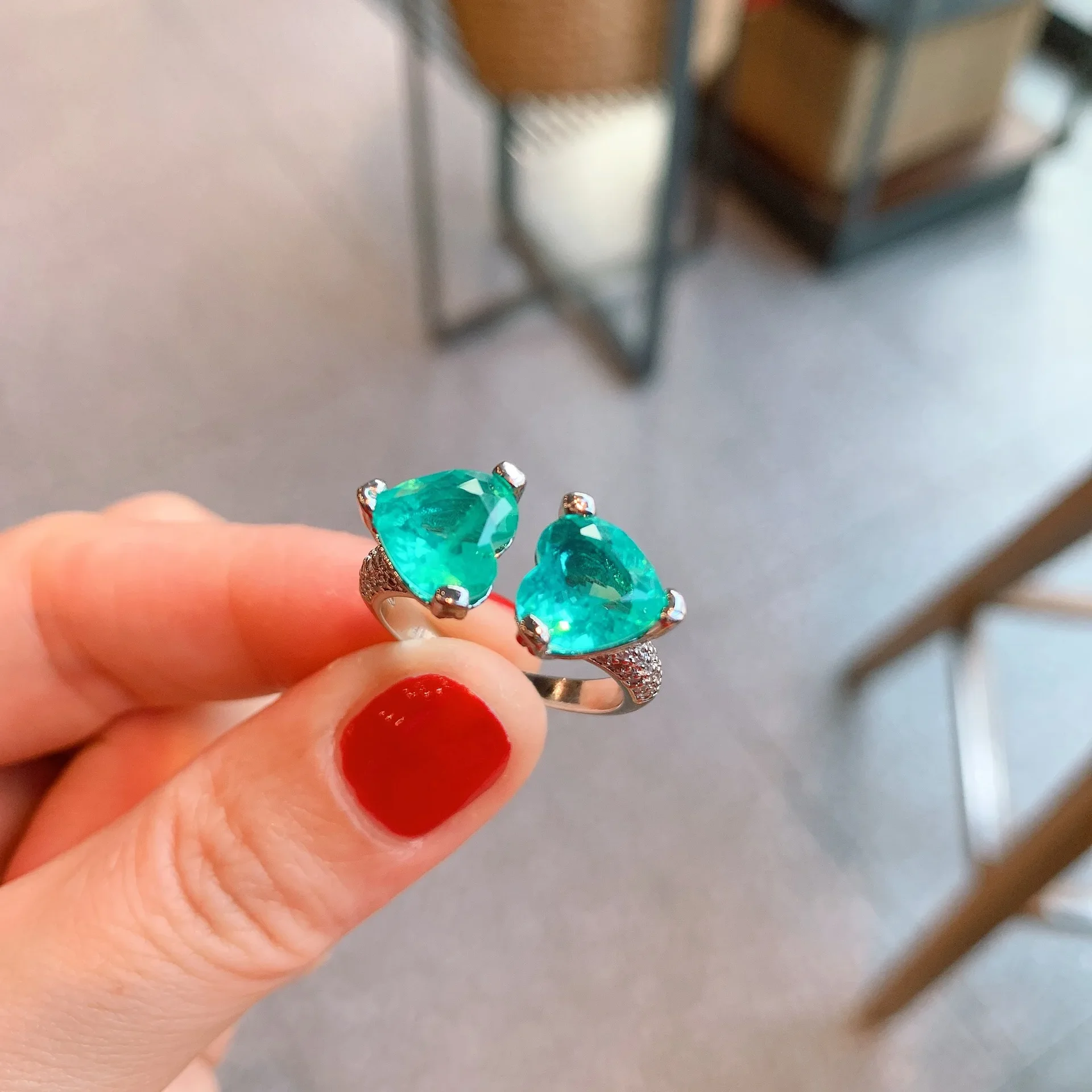 Simple Heart LOVE Paraiba Emerald Stone Open Adjustable Matching Rings Women Luxury Designer Jewelry Lover Wife Gift Bride