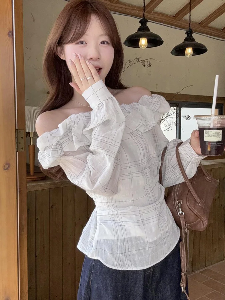 

Sexy Off Shoulder Plaid Shirt Women Slim Elegant Long Sleeve Ruffles Blouse Korean Fashion Slash Neck Spring Female Sweet Tops