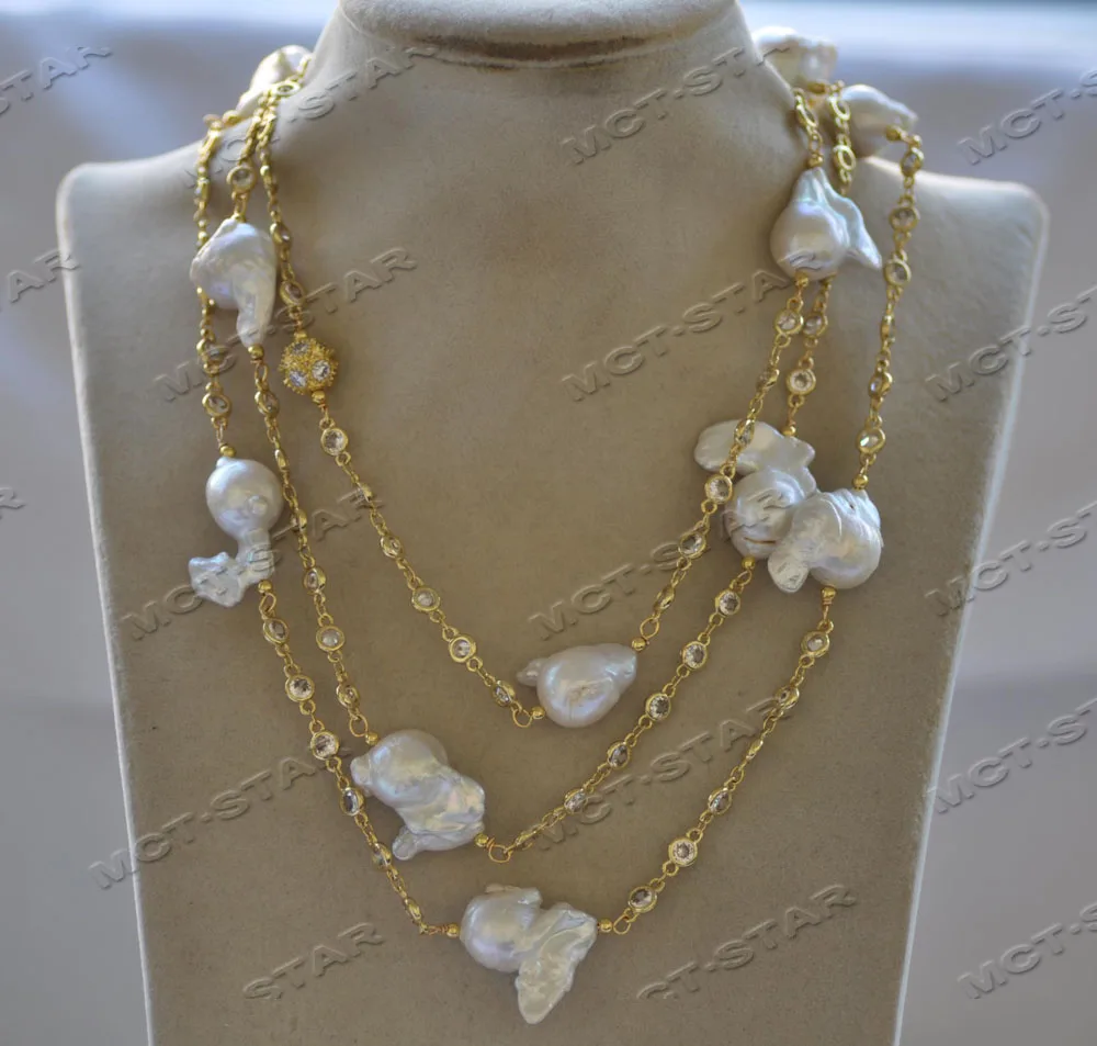 

Z12741 52" 25mm White Baroque Reborn KESHI Pearl CZ Chain Necklace