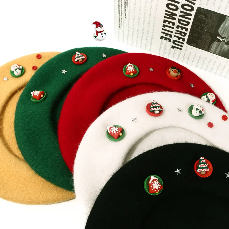 قبعة صوف عيد الميلاد للنساء حلوة عتيقة على الطراز الكوري للخريف والشتاء قبعة رسام دافئة متعددة الاستخدامات