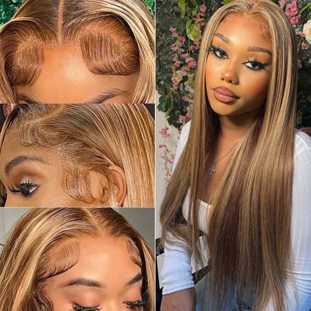 13x4 13x6 HD Парик из кружева с предварительно выщипанными медовыми блондинками 4/27 Выделенный коричневый прямой парик фронта шнурка 36 дюймов Парики из 100% человеческих волос