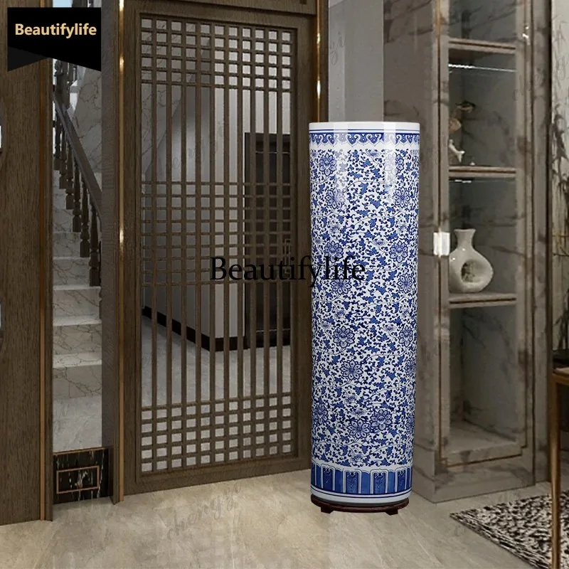 D80 Jingdezhen ceramic large vase straight tube blue and white porcelain new Chinese floor decorative ornament
