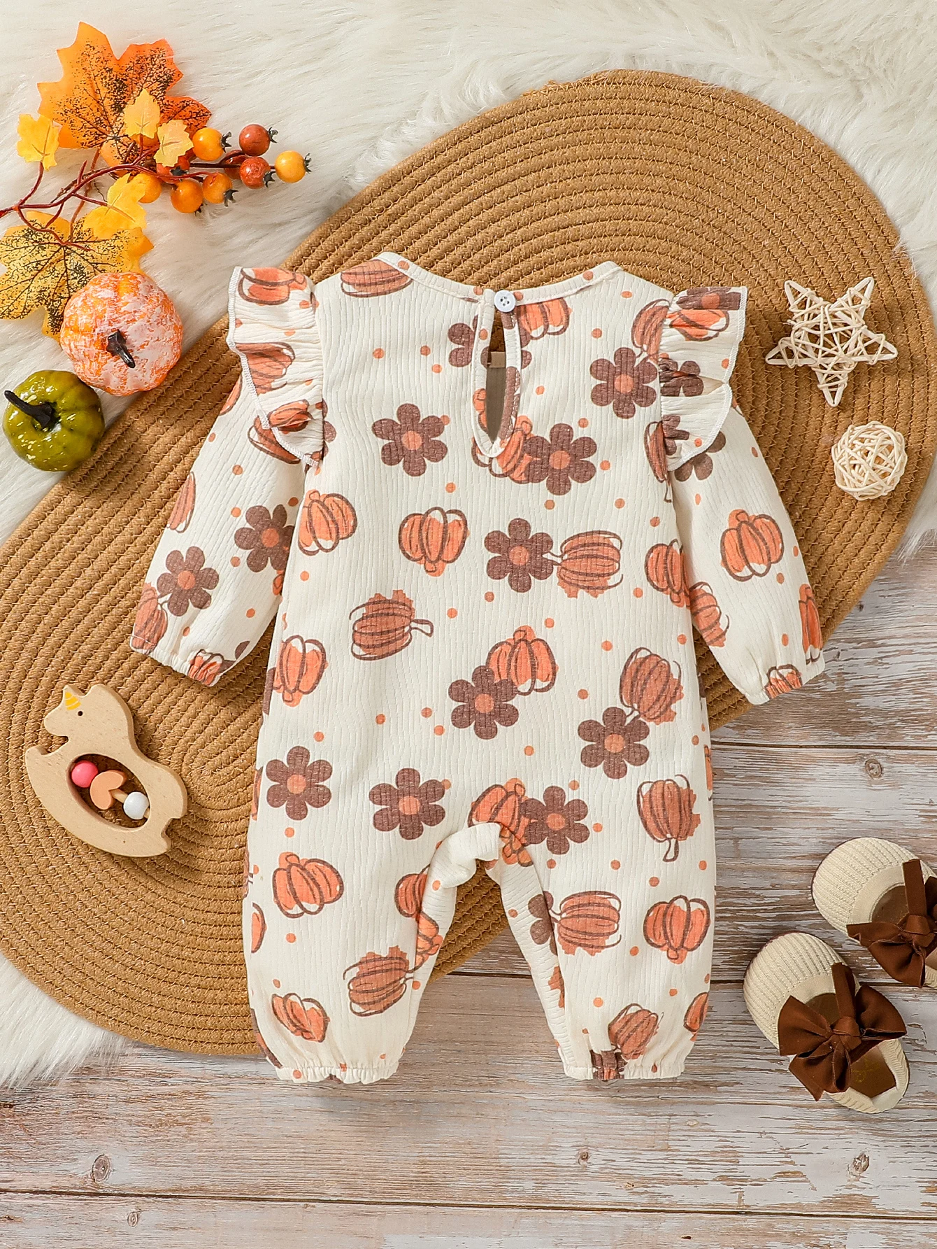 Baby Girls Spring/ Autumn Long Sleeve Print Floral&Pumpkin Cute Daily Wear Jumpsuit