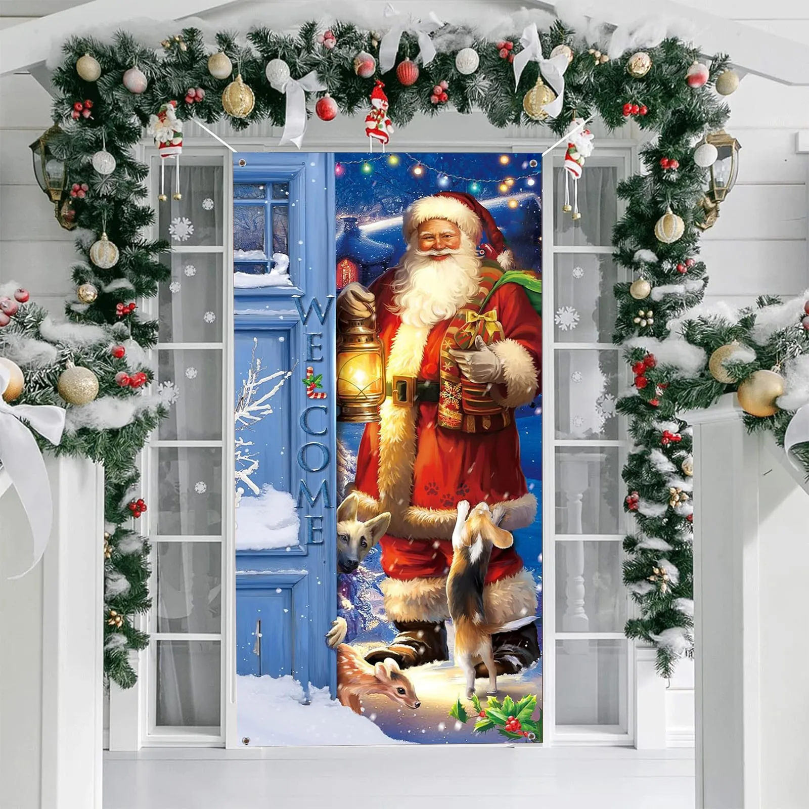 90X180cm Christmas Tree Door Cover and Santa Claus  Festive Holiday Decoration, Winter themed photography Versatile Hanging for