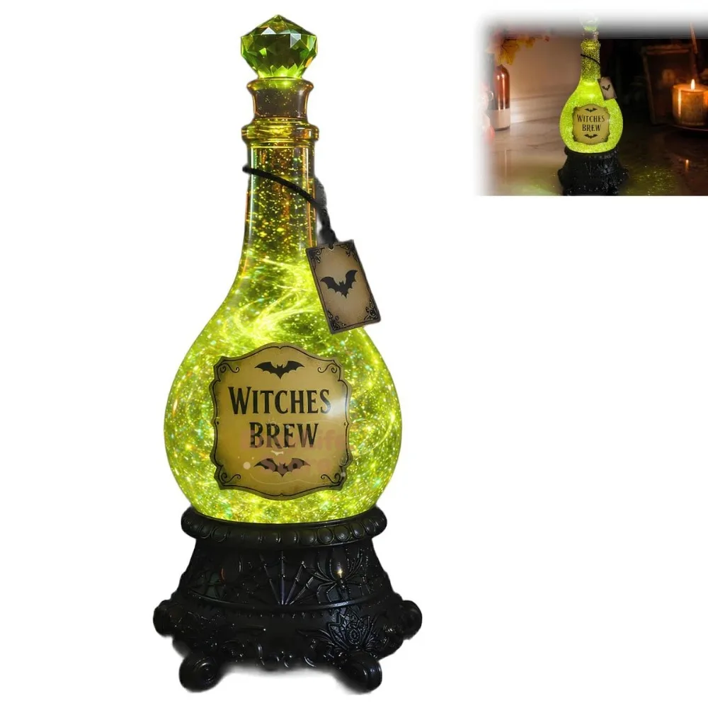 Lighted Witches’ Brew Bottle Glitter Globe, Green Light Up Halloween Apothecary Decoration with Swirling Glitter Tabletop
