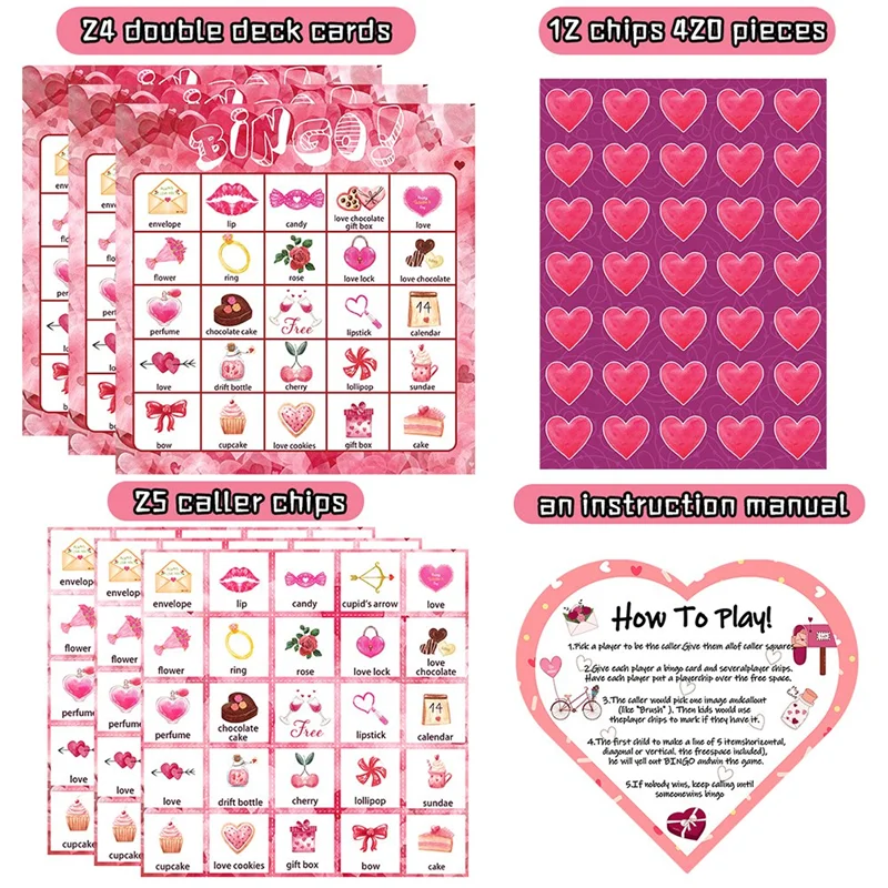 

B05C-Valentines Day Bingo Game Cards 24 Players Spare Parts For Kids Party Card Games, School Classroom Games, Love Party Suppli