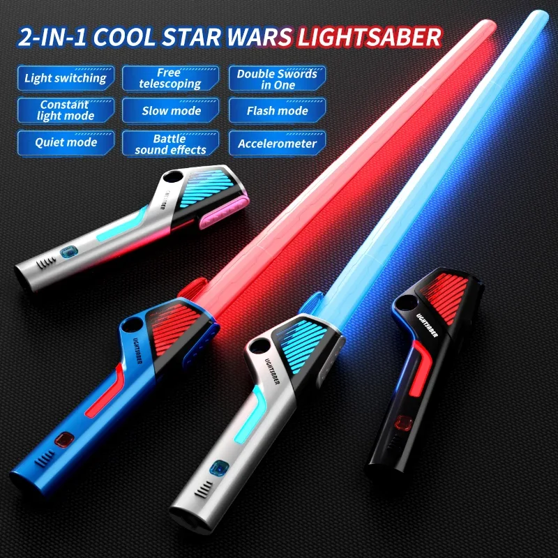 Lightsaber Sword Toy Colorful Glowing Sound Effect 2-in-1 Rotating Decompression Telescopic Light Sword Kids Adult Toys