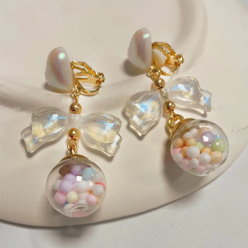 No Piercing Clip on Earrings for Women Kawaii Macaron Color Bow Glass Ball Beaded Clip Earrings Cute Y2K Soft Girl Party Jewelry