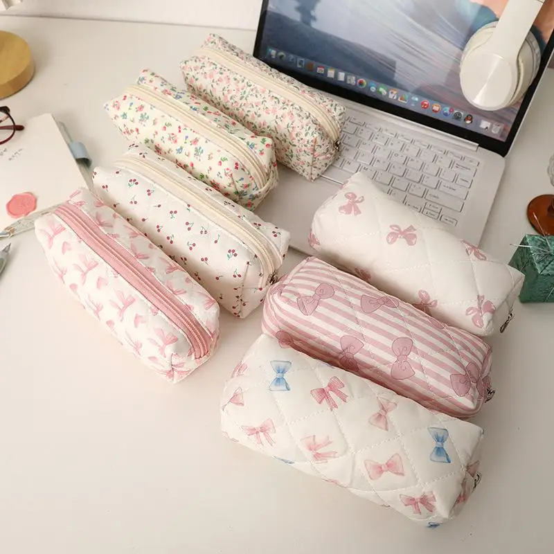 【B】Sweet Cute Bow Floral Cherry Pencil Case Large Capacity Portable Student Stationery Storage Bag Girly Cosmetic Pen Bag Gift