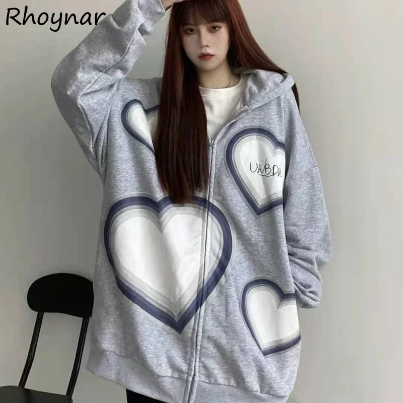 Hoodies Women Y2K Heart Print Loose Punk E-girls Kawaii Hip Hop Streetwear Harajuku Zip Up Youth Ins Couples Preppy All-match