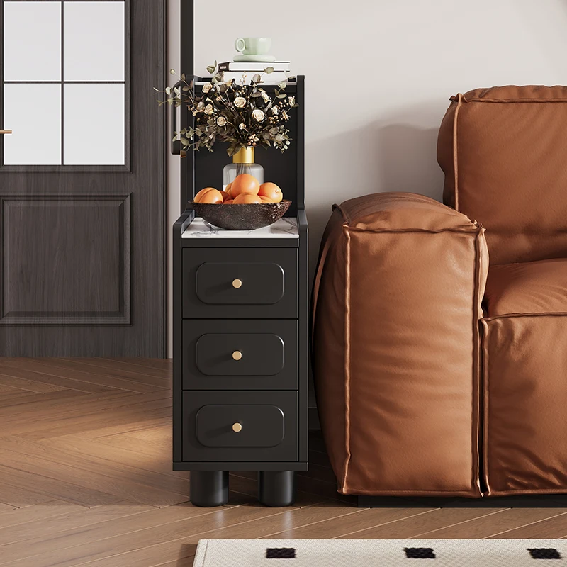

French retro sofa side cabinet narrow cabinet small coffee table living room rock slab side table black partition decorative