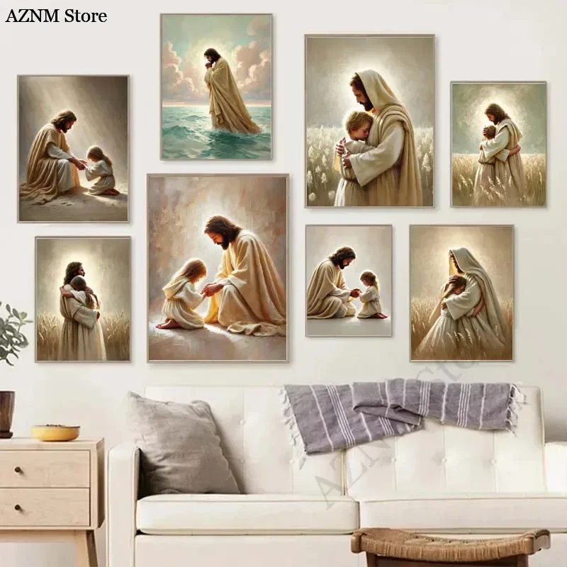 Jesus Gott Lamm Engel Junge Mädchen betende Bibel Poster und Drucke christliche Leinwanddruck Wandkunst Bild für Wohnzimmer Dekor