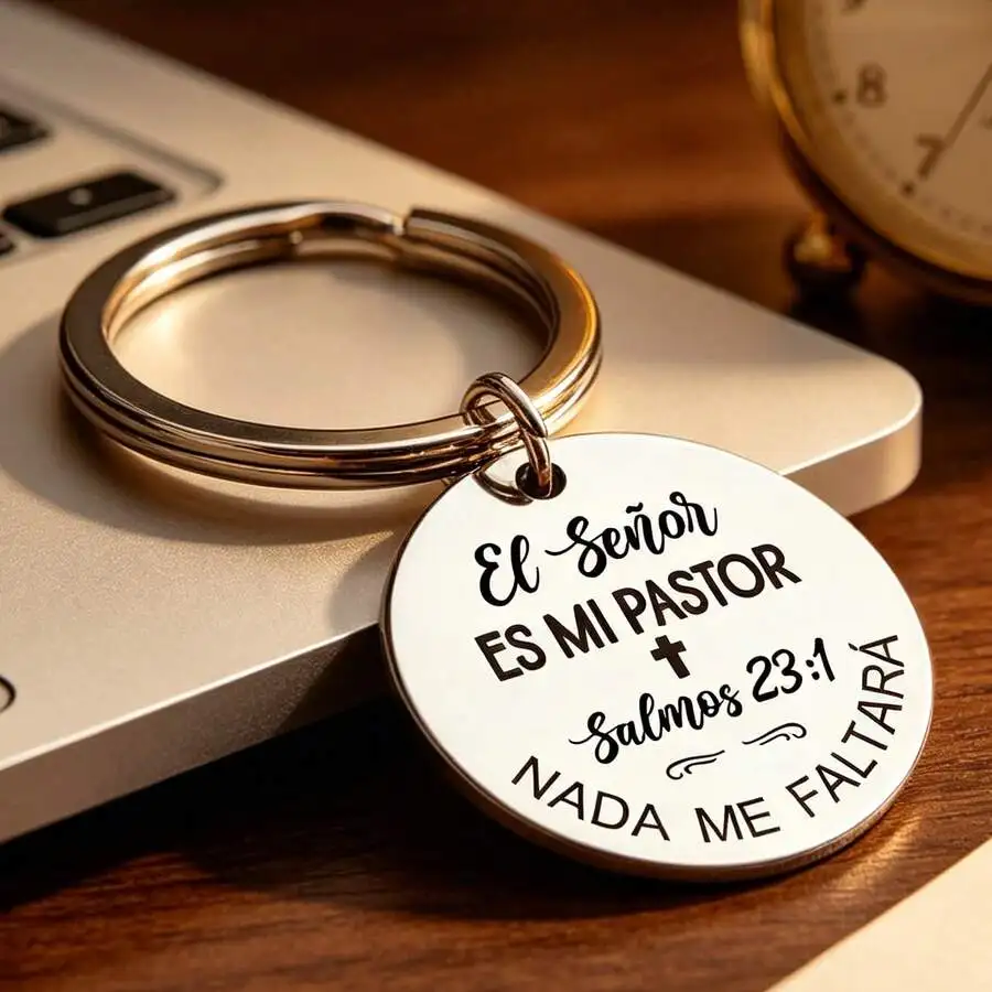 

Stainless Steel Inspirational Keychain With Engraved Spanish Bible Verse Psalm 23:1