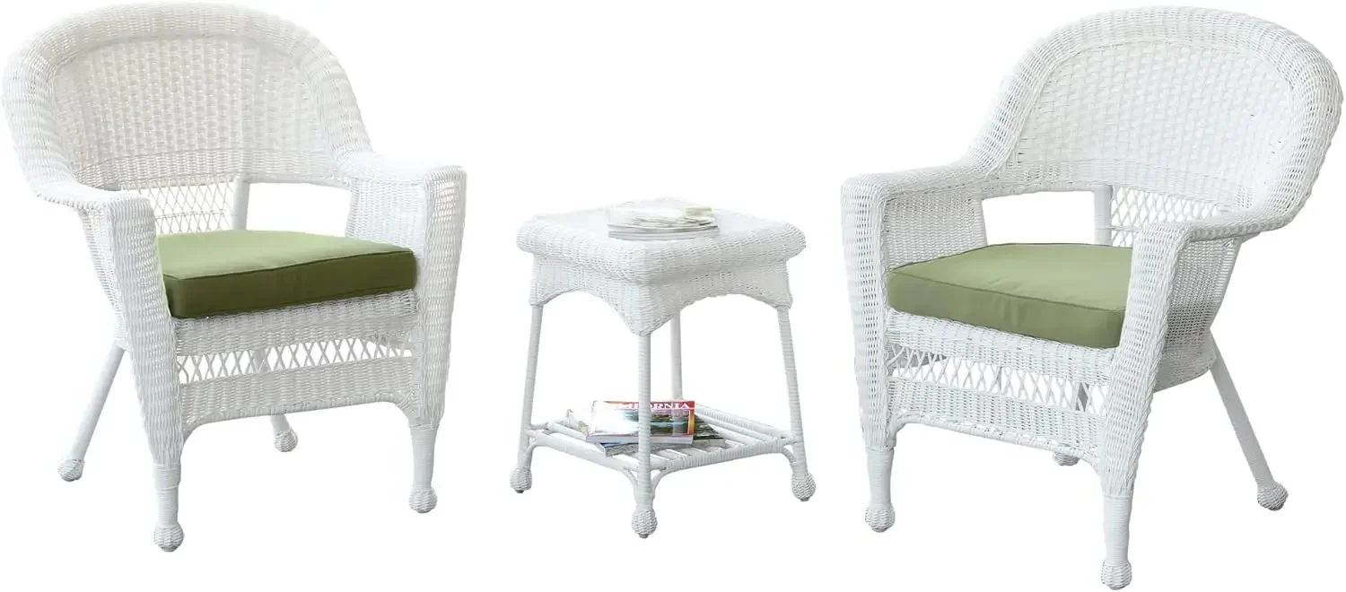 3 Piece Wicker End Table Set with with Green Chair Cushion, White