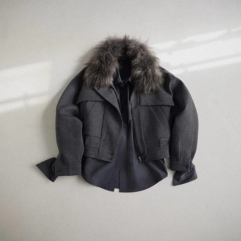 معطف شتوي من الصوف لعام 2025 جاكيت من الفرو الحقيقي سترات صوفية للنساء بسحاب معطف نسائي ملابس الخريف ملابس خارجية معطف فرو الراكون #2