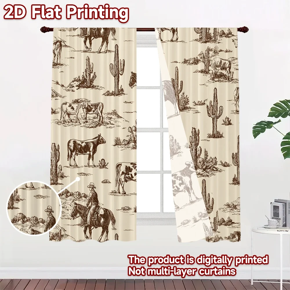 2D Flat Printing,2pcs Cowboy and Cactus Design Popular Curtains&Window Treatment Versatile Polyester Fabric Curtains Gifts for