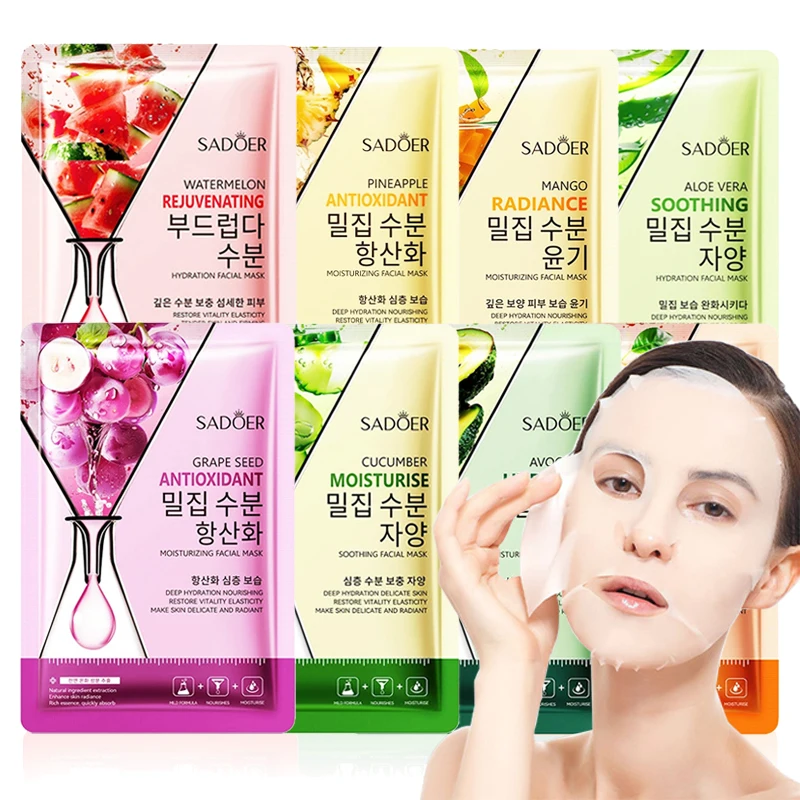 8 Stück SADOER Fruits Gesichtsmaske für das Gesicht, feuchtigkeitsspendend, aufhellend, straffend, feuchtigkeitsspendend, Gesichtsmasken, koreanische Hautpflegekosmetik