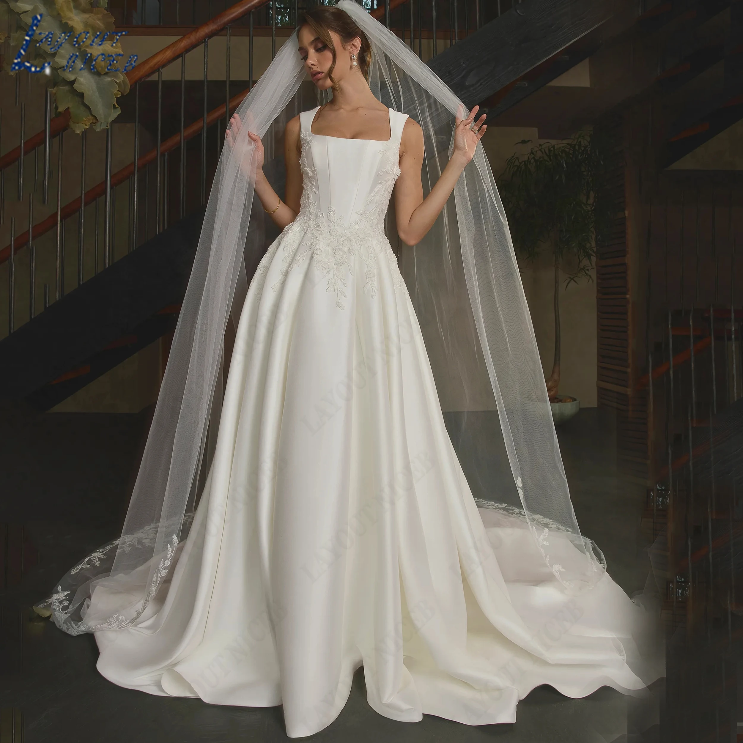 LAYOUT NICEB Customized Sleeveless Square Collar Wedding Dress Satin A‑Line Bridal Gown Lace Applique Gowns For Bride Luxury