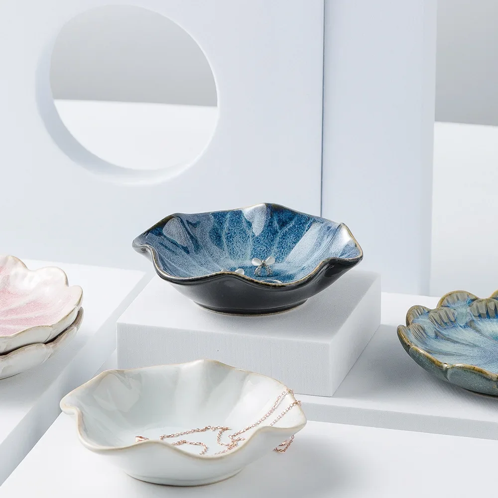 Lotus Leaf Shape Jewelry Tray Ceramic Organizer Necklace Earrings Bracelet Display Packaging Dipping Dish Home Decor Kitchen