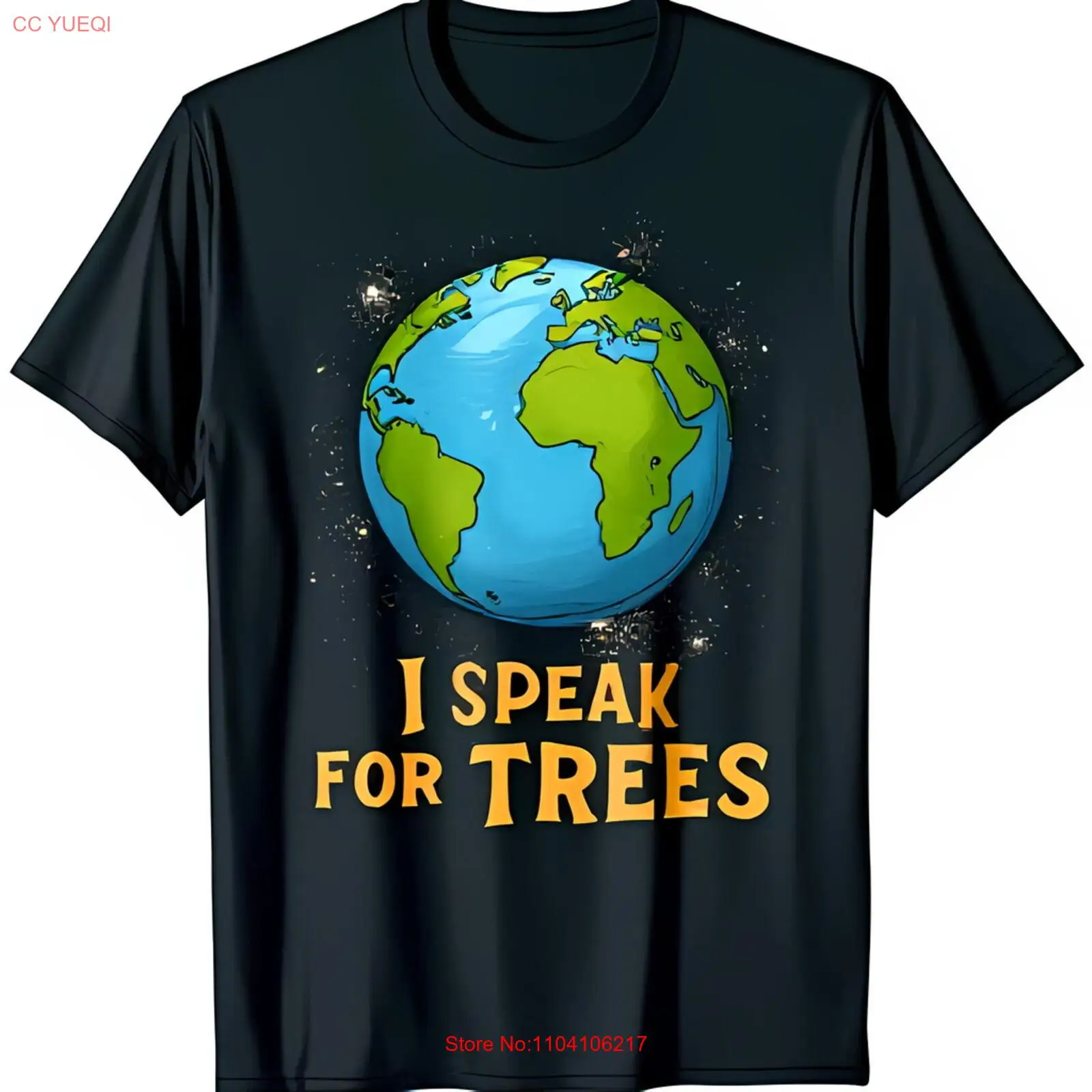 Camiseta negra con diseño de estrellas gráficas de la Tierra de dibujos animados y hablo por árboles