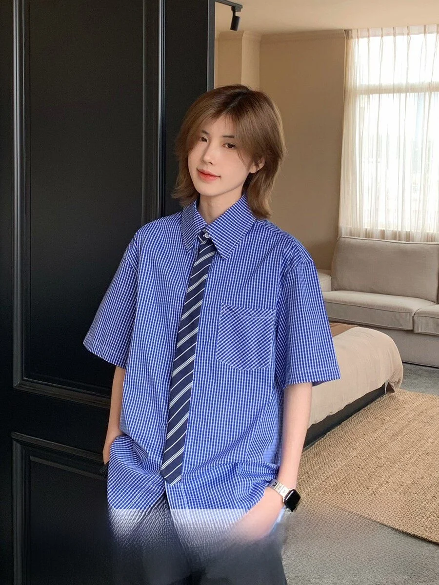 

Ja1 American Retro Plaid Short Sleeve Loose Shirt Unisex Casual Neck Sun Protection Cotton Blend Fabric Daily Wear