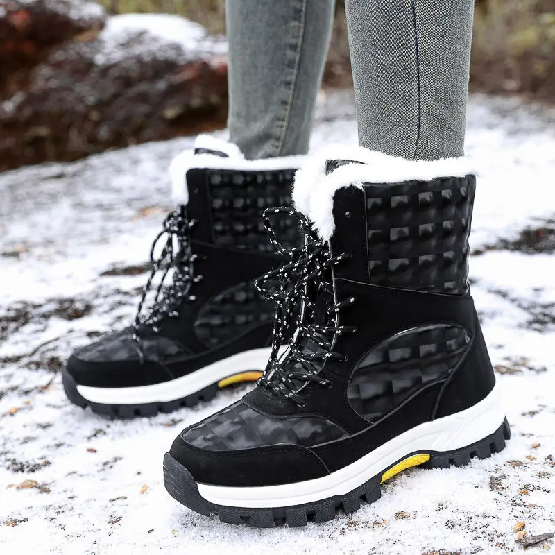 Winter Outdoor Snow Boots Women Waterproof Mid-tube Leather Top Warm High-top Anti-skid Boots with Wool Thickened Cotton Shoes