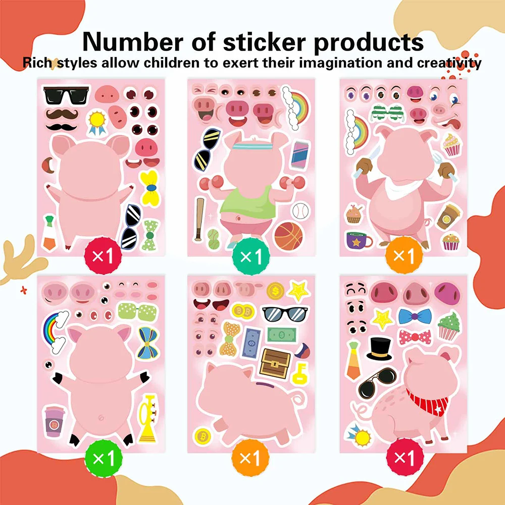 6/12Sheets Make a Face Pink Pig Puzzle Stickers Cute Animals Assembly Jigsaw Kids DIY Education Toys Party Game Decoration Gifts