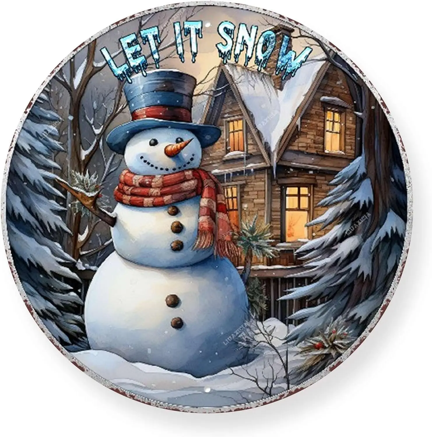 Round Wall Decor Round Metal Tin Sign Rustic Wall Decor Wall Plaque Let is Snow Snowman Sign Snowman Wreath Sign for Christmas R