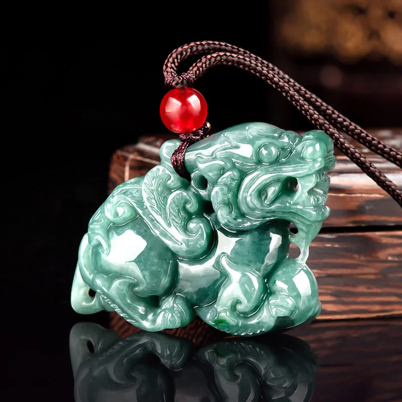 Natural A-grade Jade Pendant, Flying Qilin Dark Green Jade and Stone Pendant Male and Female Lovers Jewelry and Jade Necklace