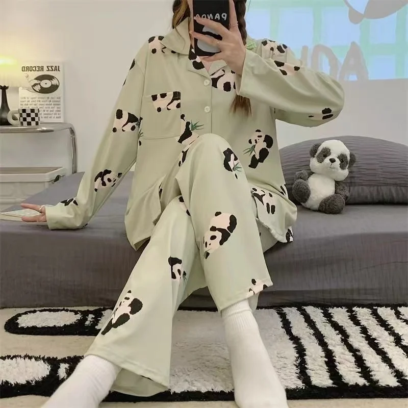 Women's Long-Sleeved Pajama and Pants Set, Female Oversize Suit, Autumn, Winter, Sleeping Clothes, Plus Size, 2 Pcs Sets