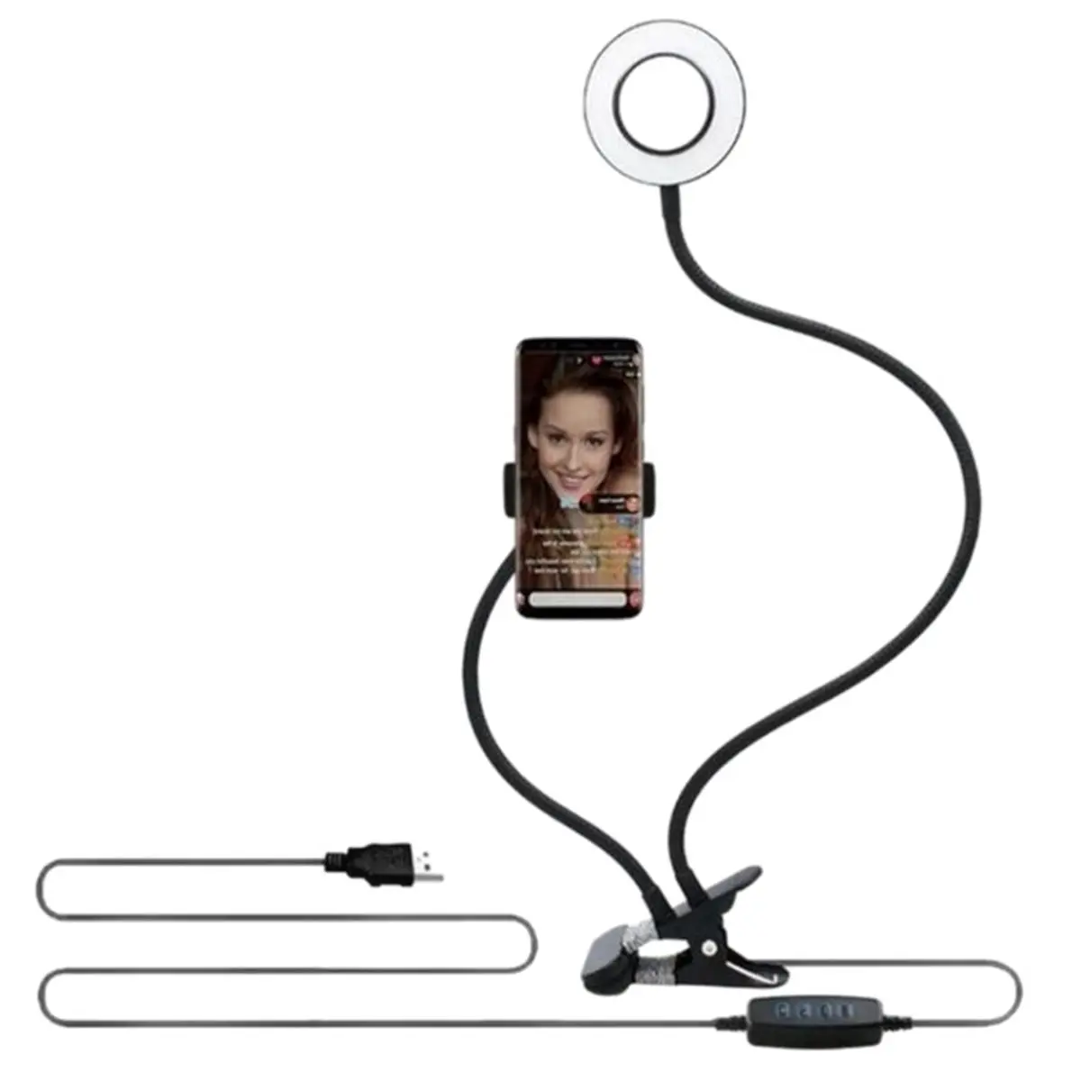 Selfie Ring Light with Phone Holder Clip-on Selfie Light Adjustable Flexible Desk Ring Lamp for Live Streaming
