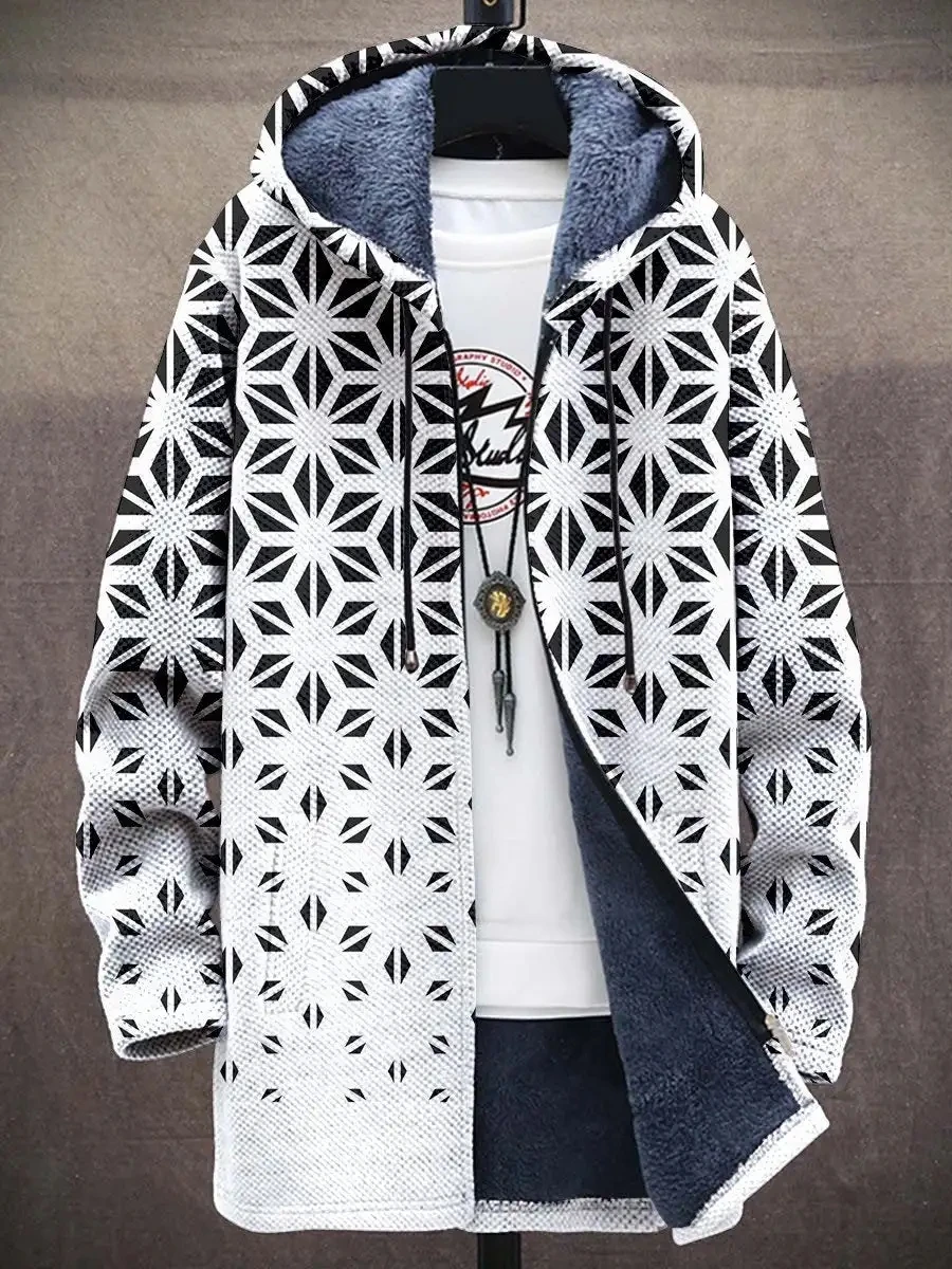 

Men's winter zipper cape with black and white pattern 3D printed wool guy hooded jacket unisex street casual warm jacket Q0381