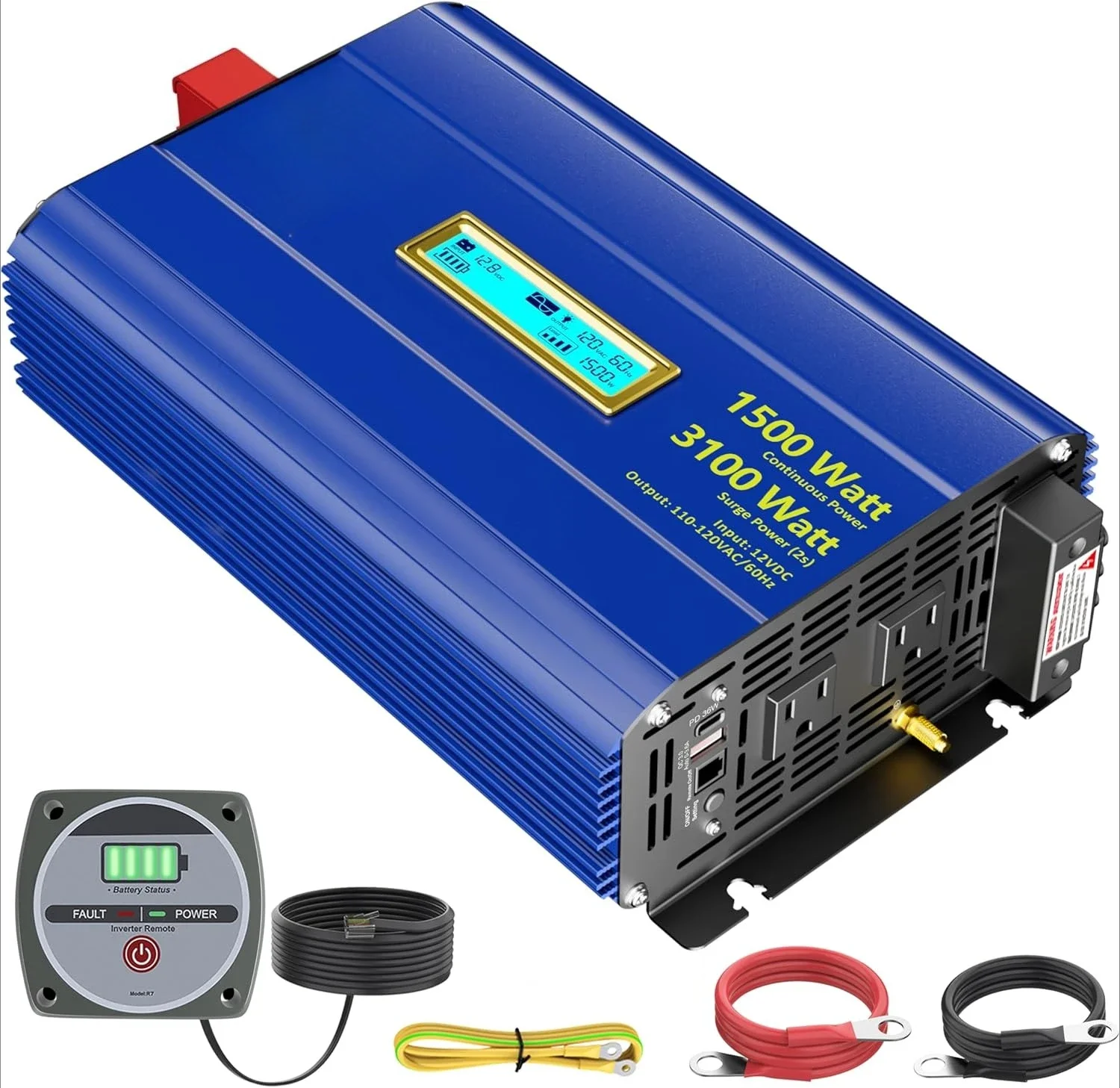 

Pure Sine Wave Inverter 1500 Watt 12V To 110V 120V AC Surge Peak 3100W For 2 Seconds Power Inverter Built-in UL Fuse PD36W、、、.