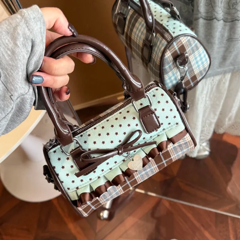 Korean Bow Polka Dot Bag Fashion Bowler Bag Color-blocked Lace Y2k Style Handbag Retro Sweet Plaid Crossbody Zipper Shoulder Bag