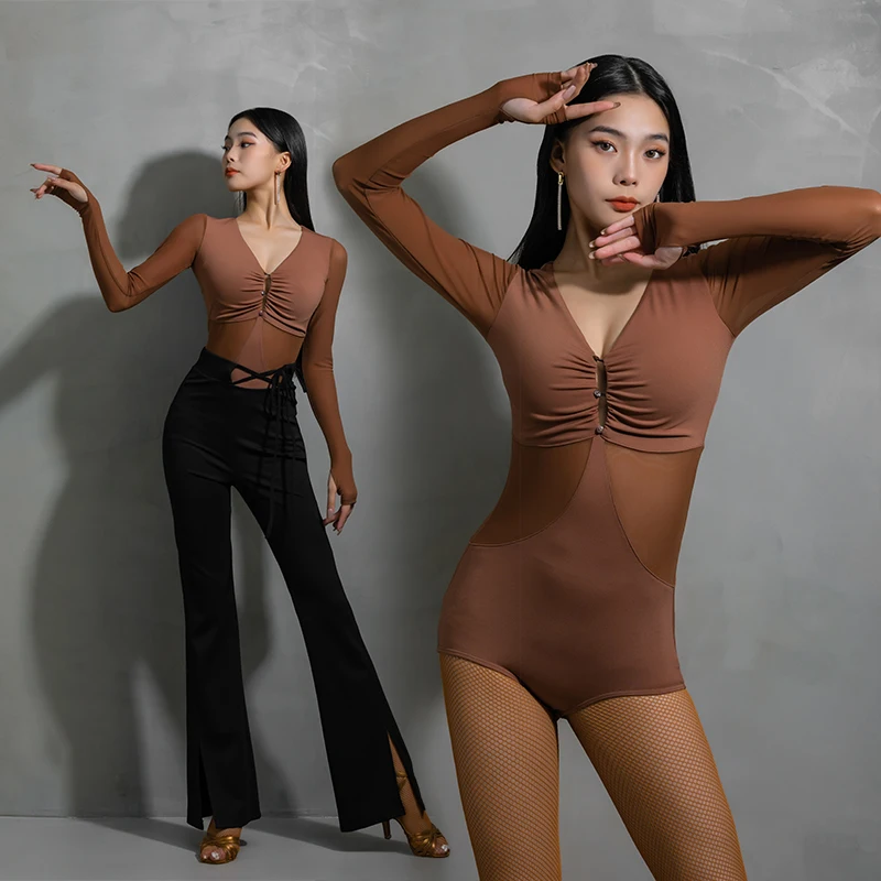 

Latin Dance Tops Long Sleeve V-Neck Rumba Practice Jumpsuit Samba Training Clothing Salsa Tango Ballroom Dance Costumes DWY8096