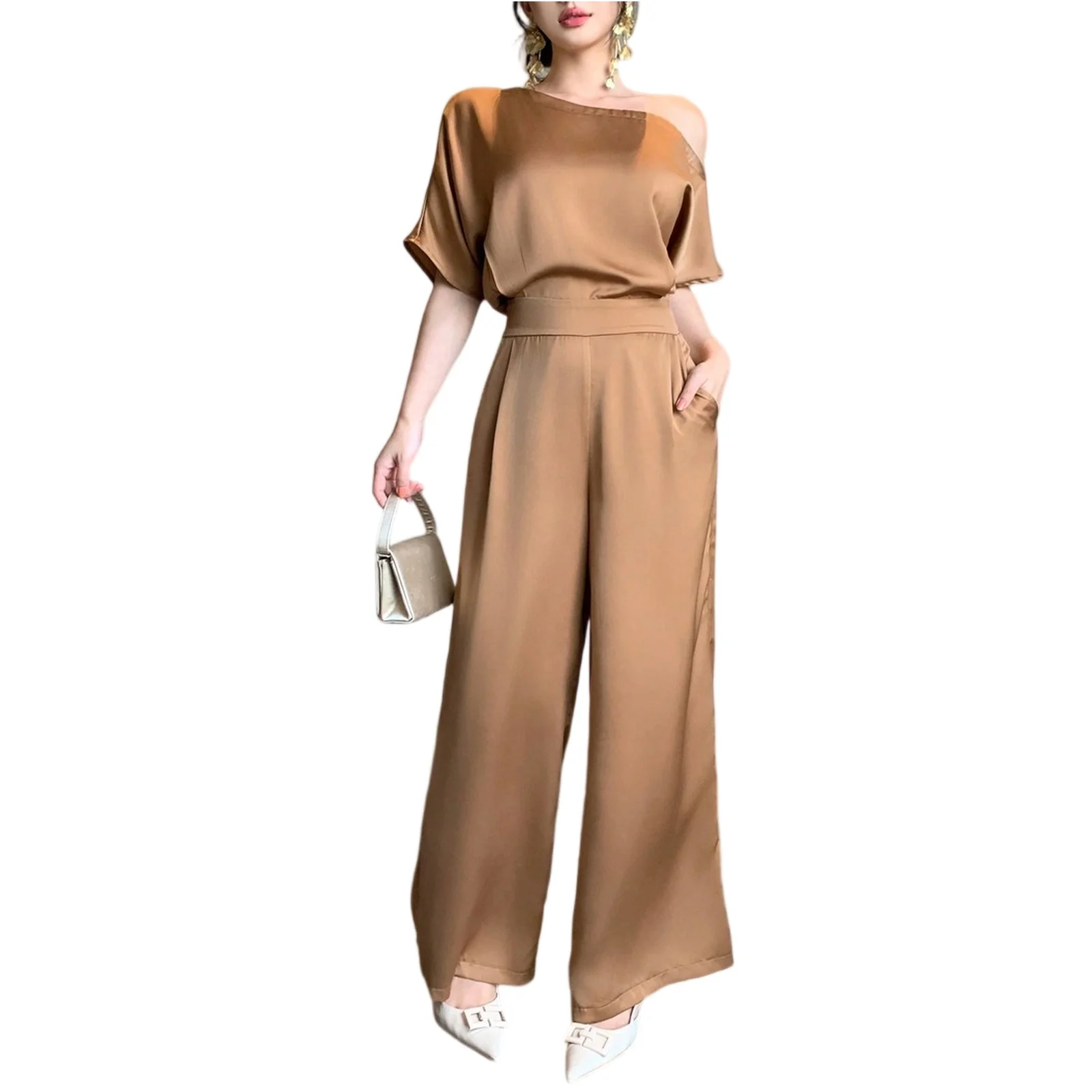 Solid Color Asymmetrical Jumpsuit Elegant Off Shoulder Jumpsuit Spring And Autumn Women'S Jumpsuit