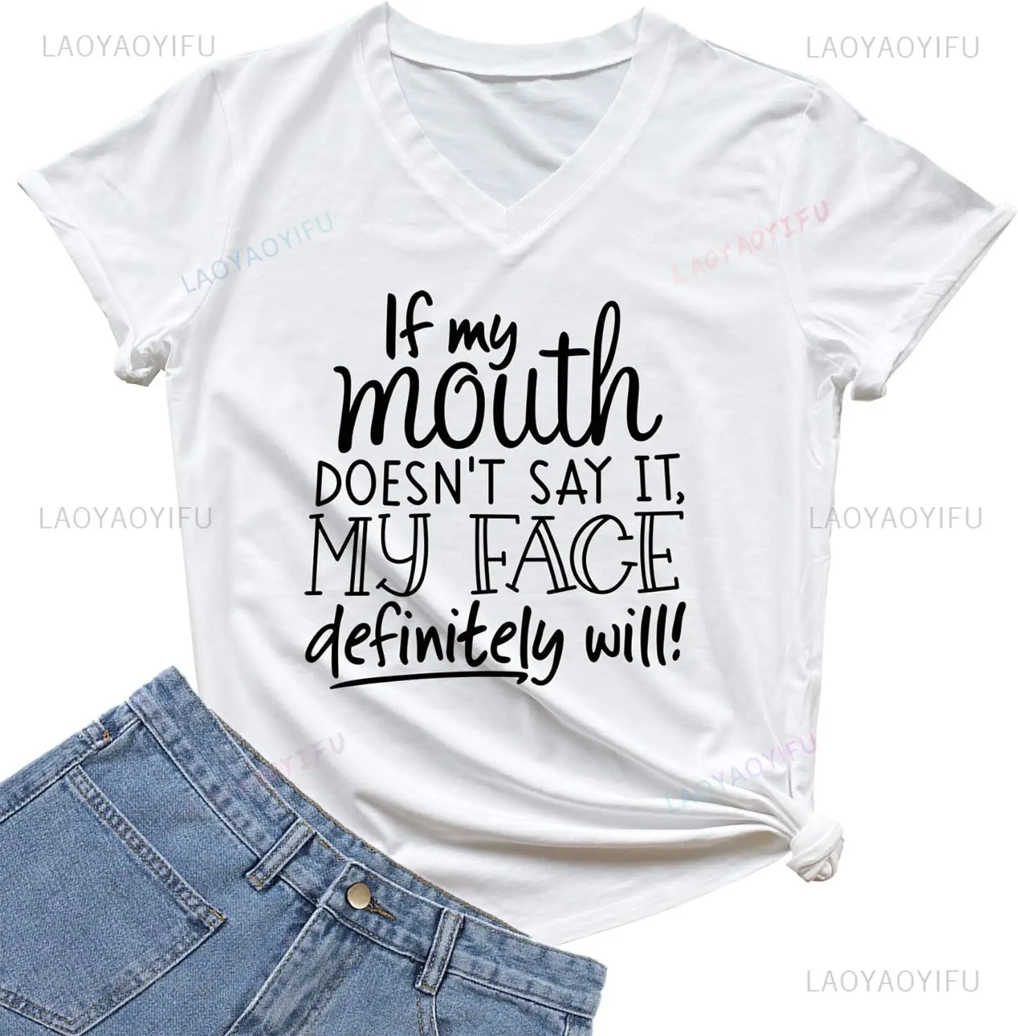 DANVOUY Womens If My Mouth Doesn't Say It My Face Definitely Will Graphic Printed T Shirt Summer Fashion Casual Short-sleev