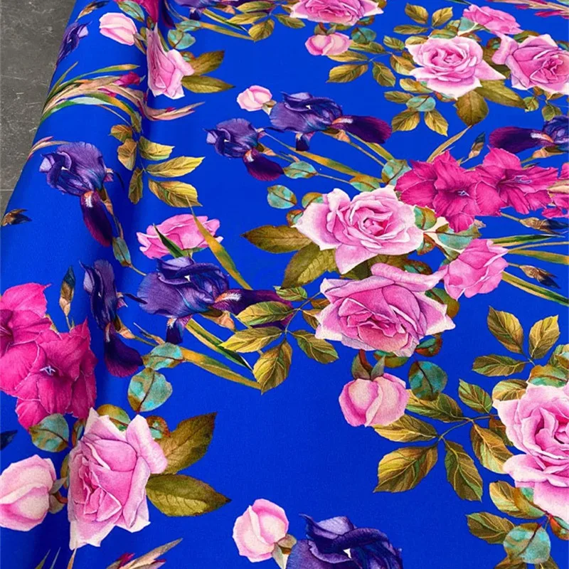 Heavy Crepe 30 Momme Pure Silk Fabric Elegant Blue Bottom Flower Print Wrinkle Resistant and Non Ironing High End Dress Fabric