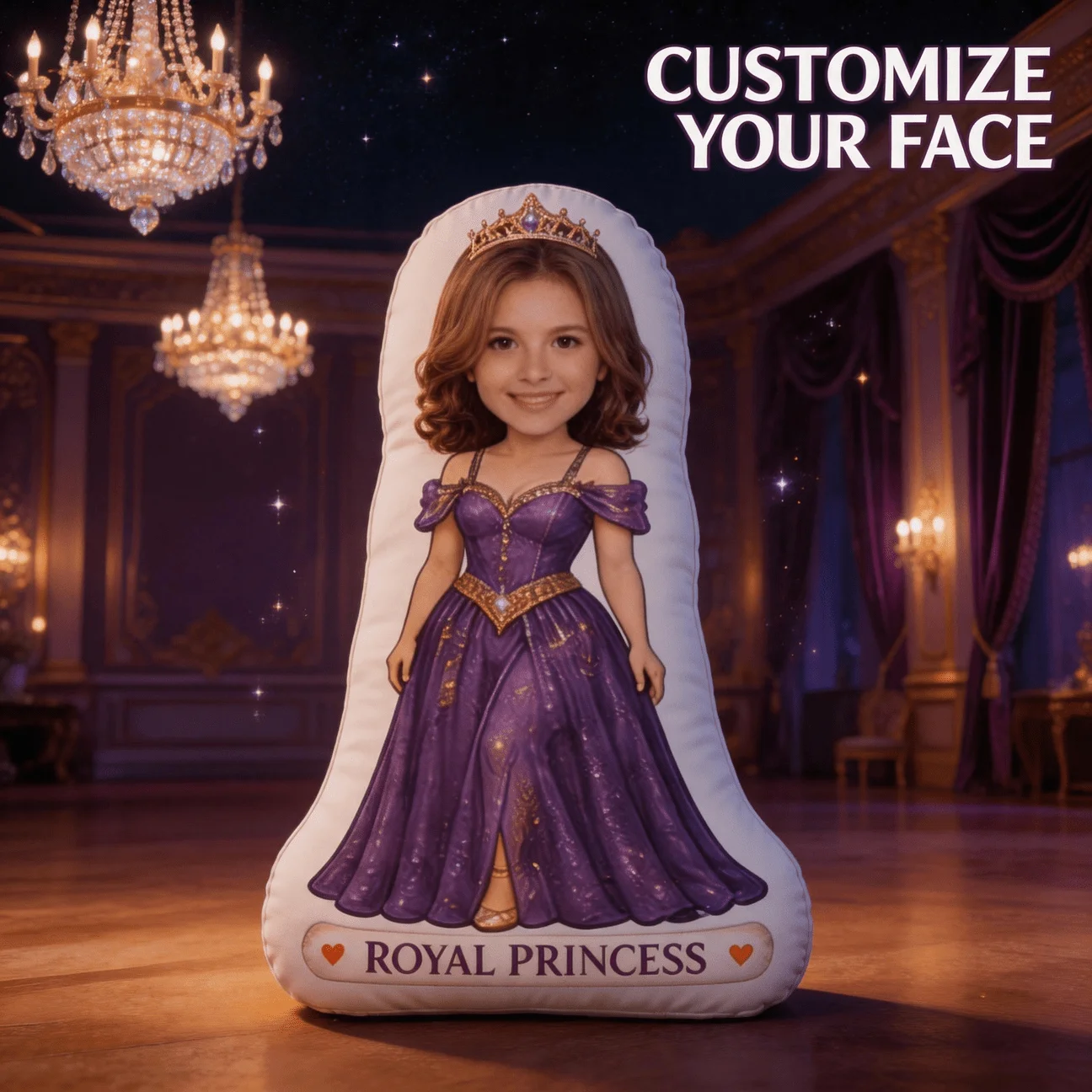 Customized photo royal princess shaped pillow, personalized facial purple dress and crown decoration cushion, 50cm unique home d