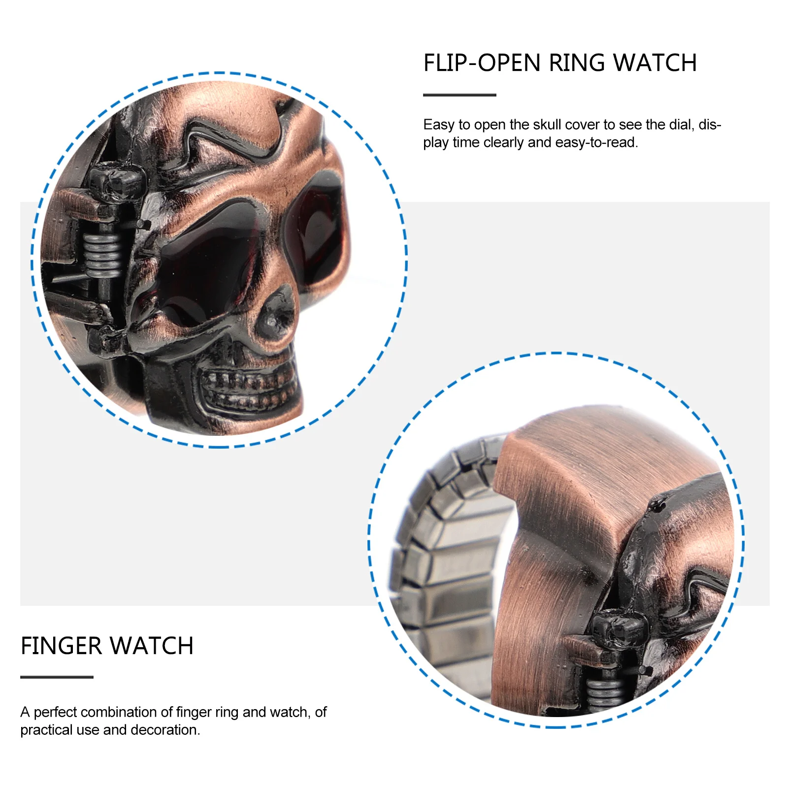 

2Pcs Vintage Skull Ring Watches Clamshell Flip-Open Finger Watches Adjustable Casual Fashion Finger Rings Clamshell Ring Watch