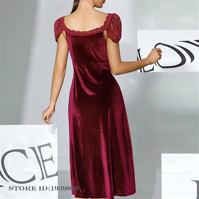 Autumn Winter Velvet Long Nightgown Chemise Sleepwear Sexy Burgundy Lace Nightdress Homewear Female Velour Loungewear Night Wear