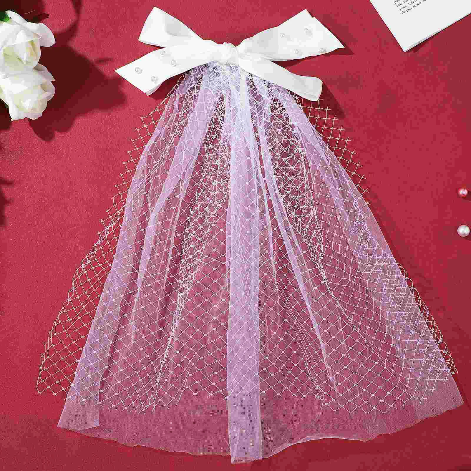 Bow Veil Hair Barrettes with Mesh Short for Wedding Pearl Lace Veils Dress Girl