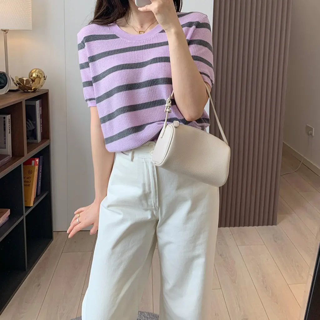 

Spring Summer Classic Stripes Slim Fit Joker Short Sleeve Sweater Comfortable Light Oxygen Air Conditioning Feeling F033002