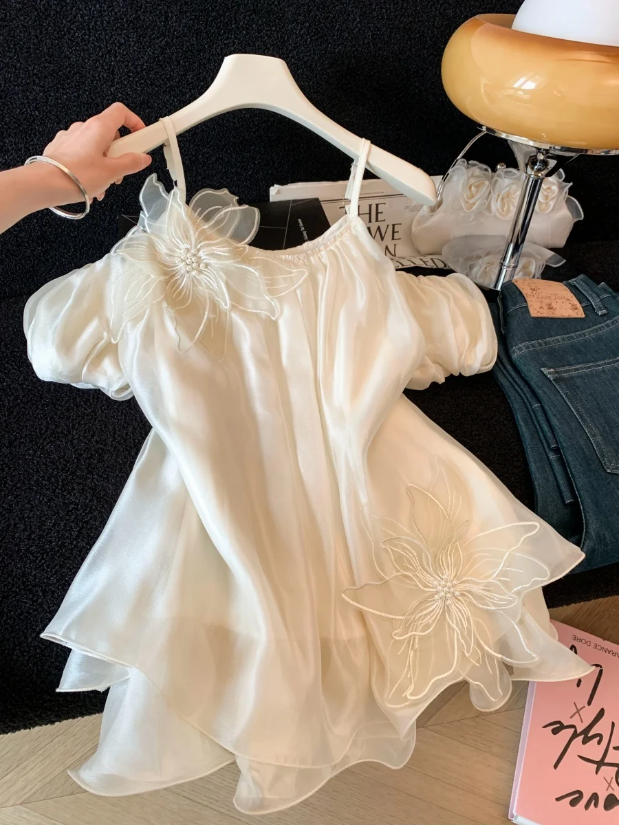 

Peach Color Strapless Chiffon Top Women's Summer New Sweet Fashion 3D Flower Unique Beautiful Slimming Shoulder Bared Shirt