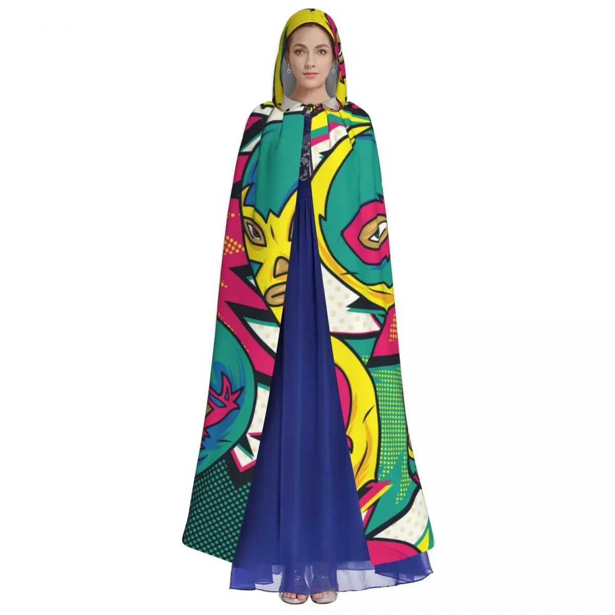 Colorful Mexican Wrestler Luchador Hooded Cloak Polyester Unisex Witch Cape Costume Accessory