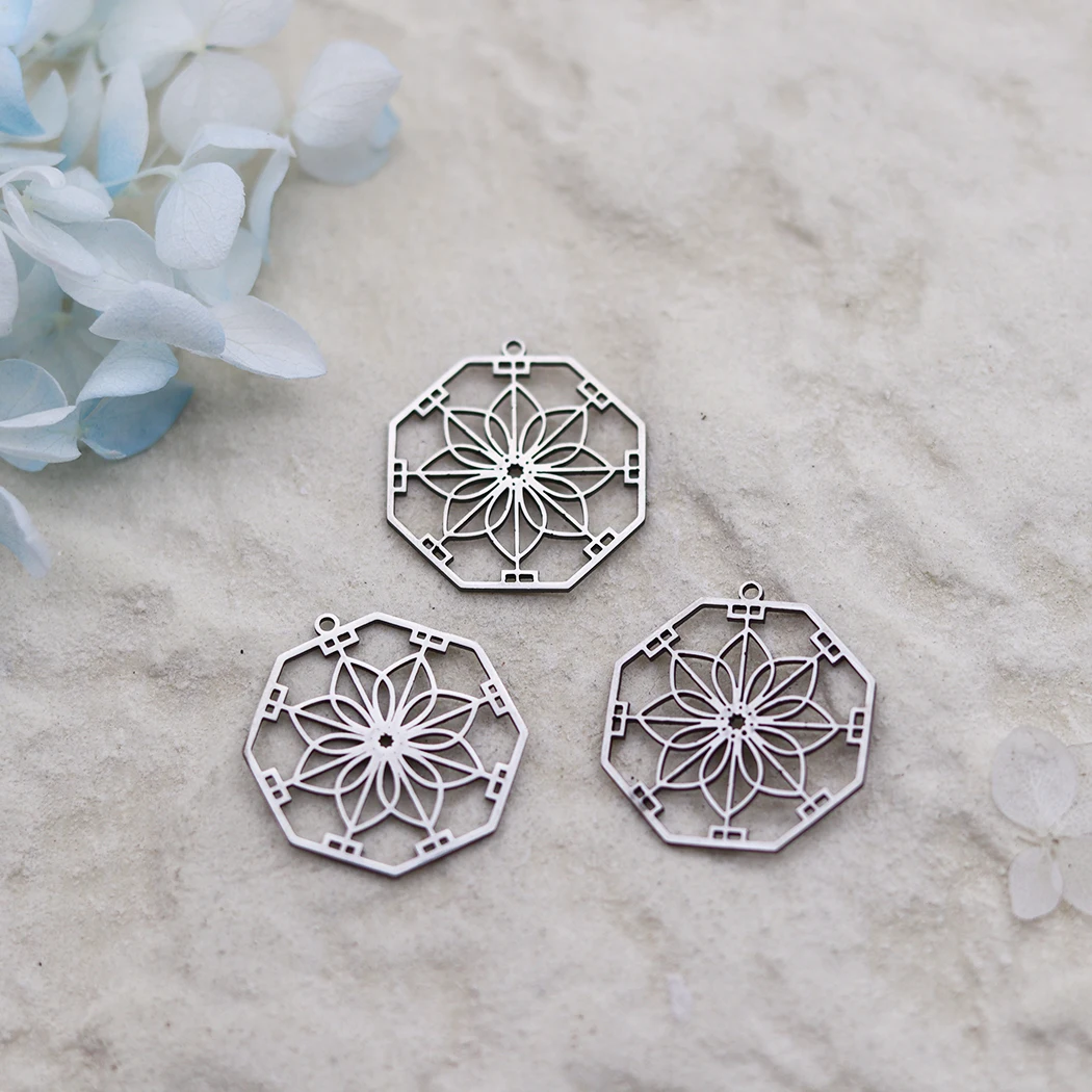 3-Piece Stainless Steel Vintage Flowers Octagonal Floral Pendants - Accessories for DIY Jewelry Bracelet, Necklace Making