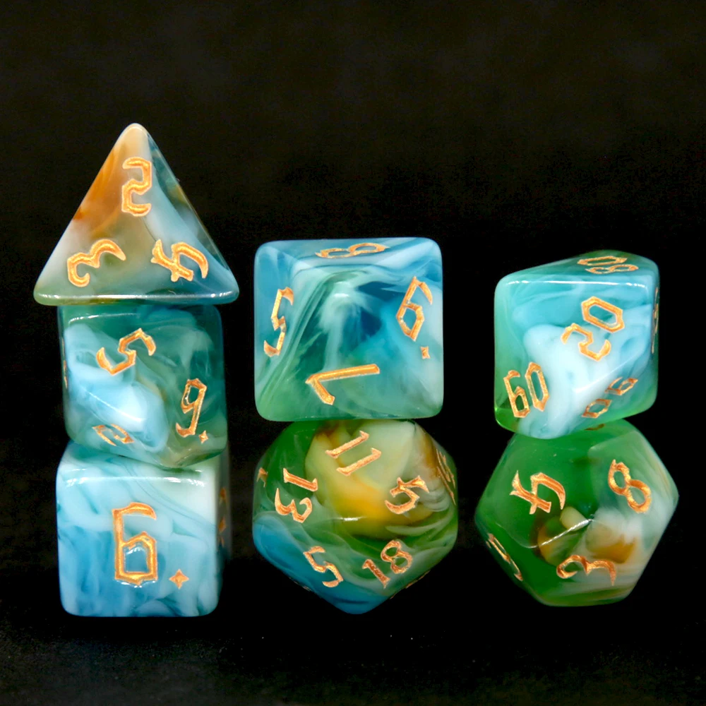 Forest Mist Swirl Dice Set, 7Pcs Green Marbled Acrylic DND Dice with Gold Ink for Nature TTRPG & Role Playing