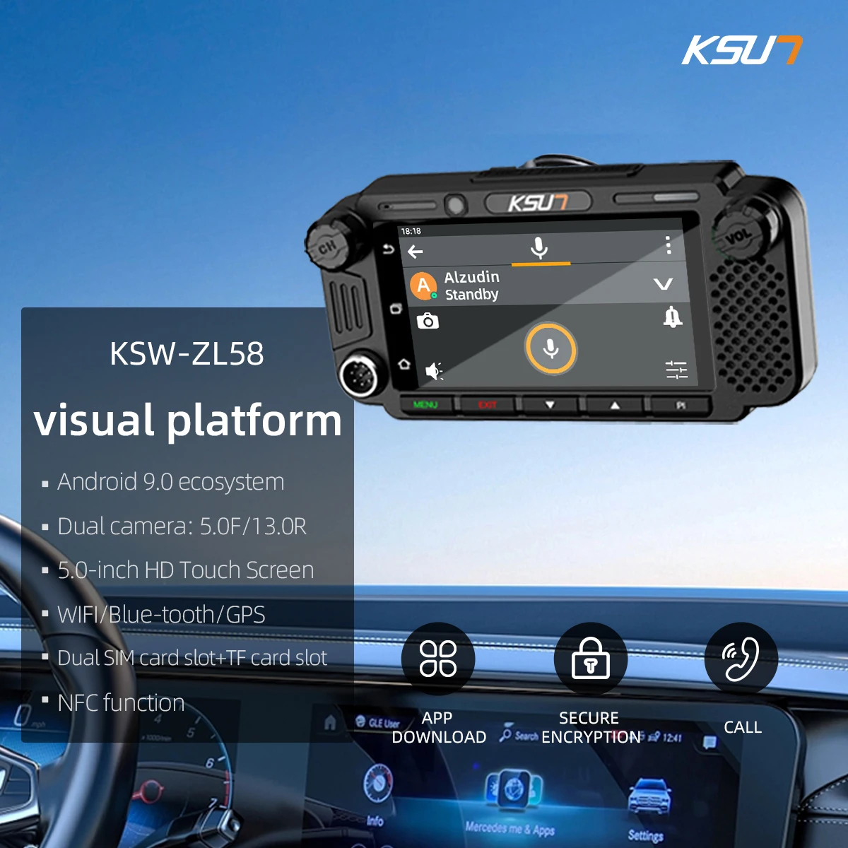 KSUN ZL58 Estación visual para vehículos Cámaras duales Pantalla táctil 4G POC Walkie Talkie NFC Radio para automóvil Compatible con la aplicación ZELLO