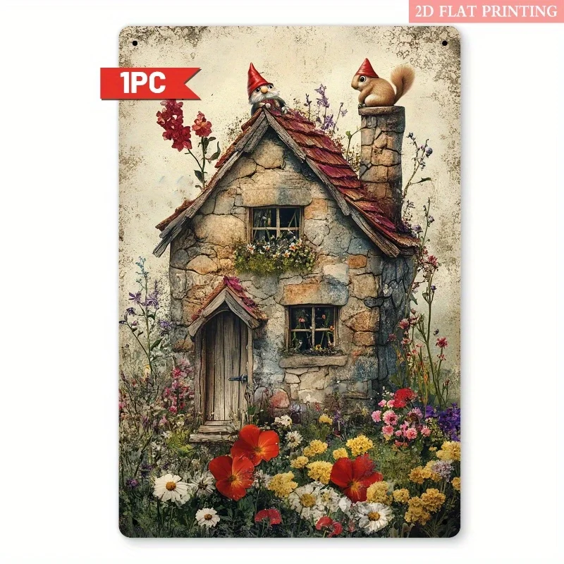 Vintage Gnome Squirrel Metal Sign Iron 8x12 Inch Retro Wall Decor Plaque Tin Plate For Garden Patio
